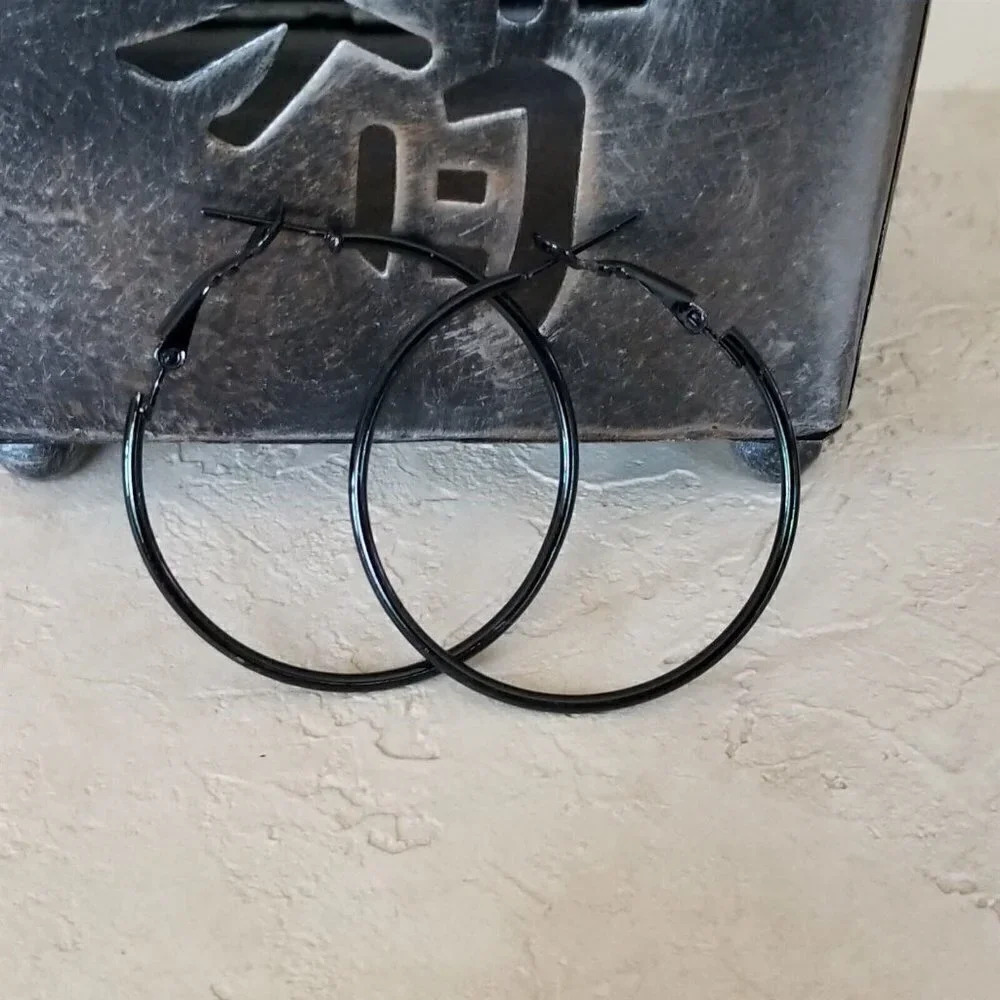 Sleek Black Large Hoop Earrings 40mm 1.6" Leverback Minimalist Classic